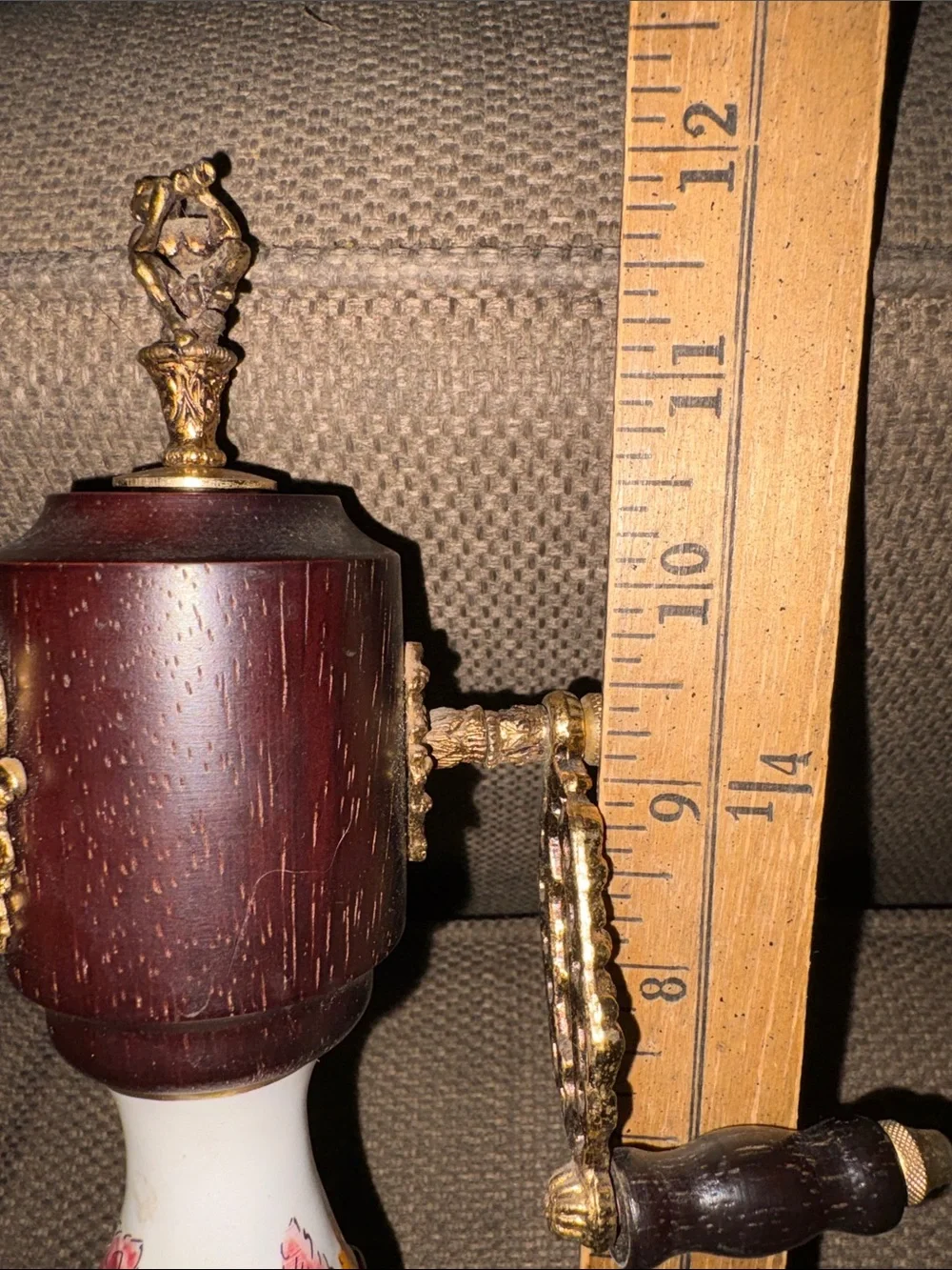 Rare find vintage Capodimonte musical pepper grinder.  Porcelain brass & wood.